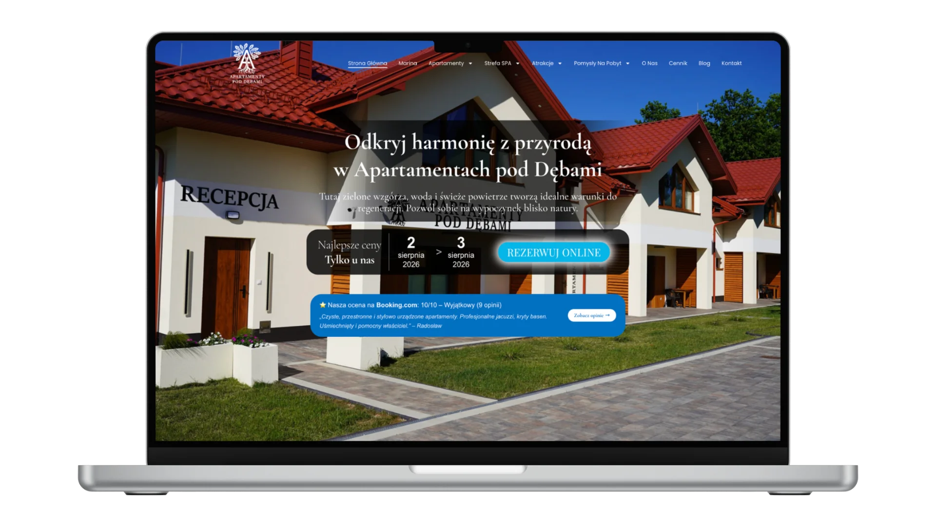 Projekt strony Apartamenty pod Dębami pokazany na ekranie laptopa