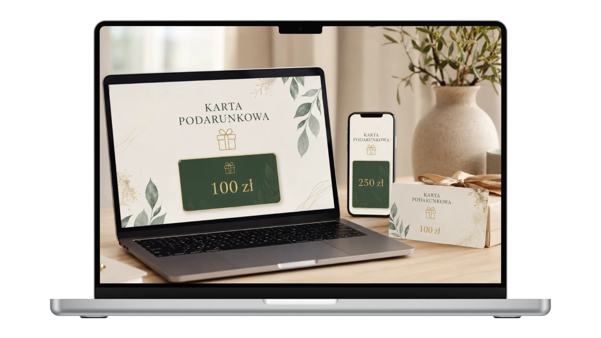 Anonimowe case study firmy sprzedającej karty podarunkowe pokazane na ekranie laptopa