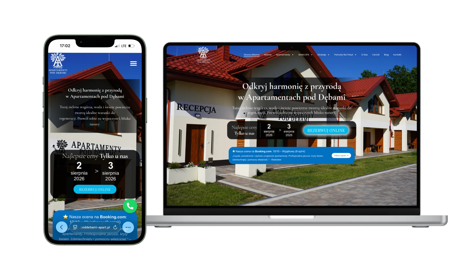 Mockup realizacji Apartamenty Pod Dębami na komputerze i telefonie