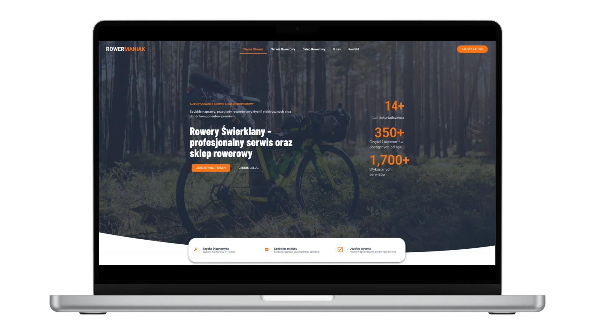 Projekt strony rowermaniak.pl pokazany na ekranie laptopa
