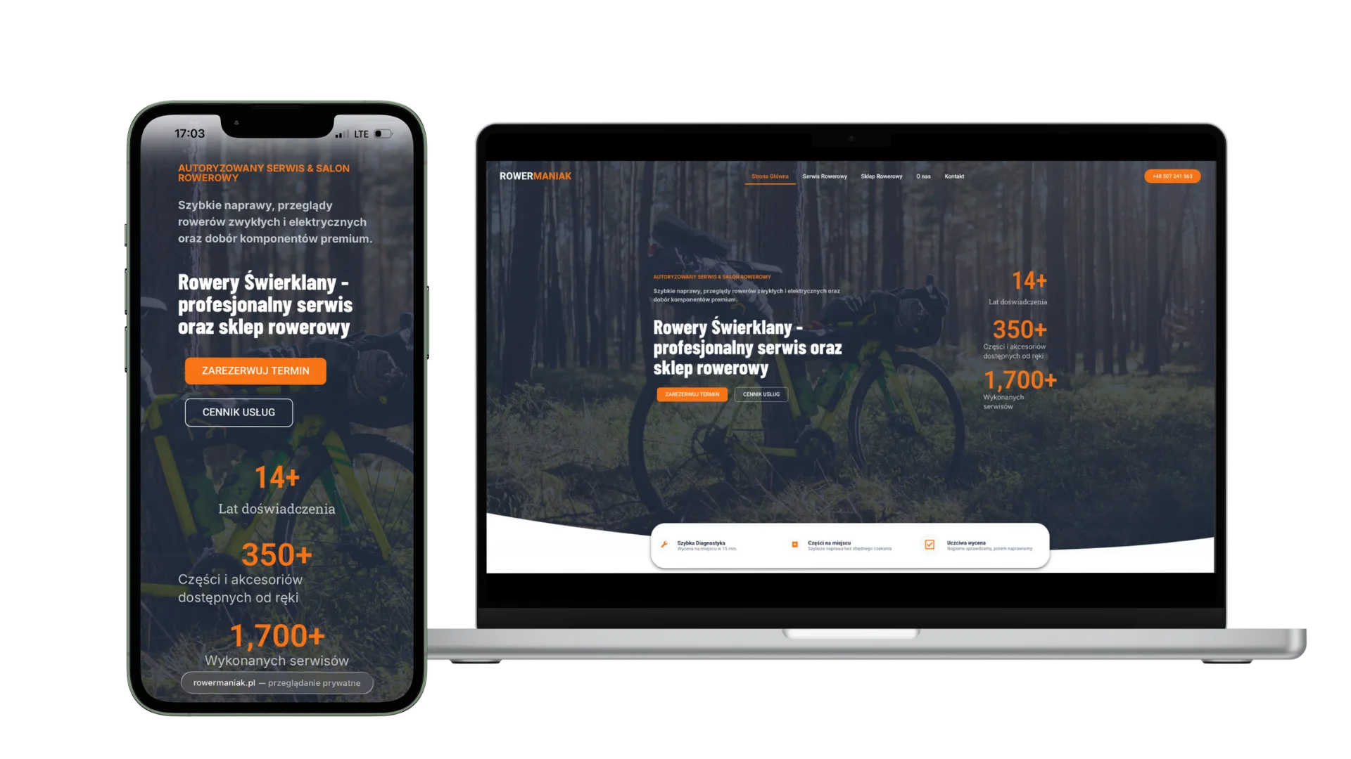 Mockup strony Rowermaniak na komputerze i telefonie