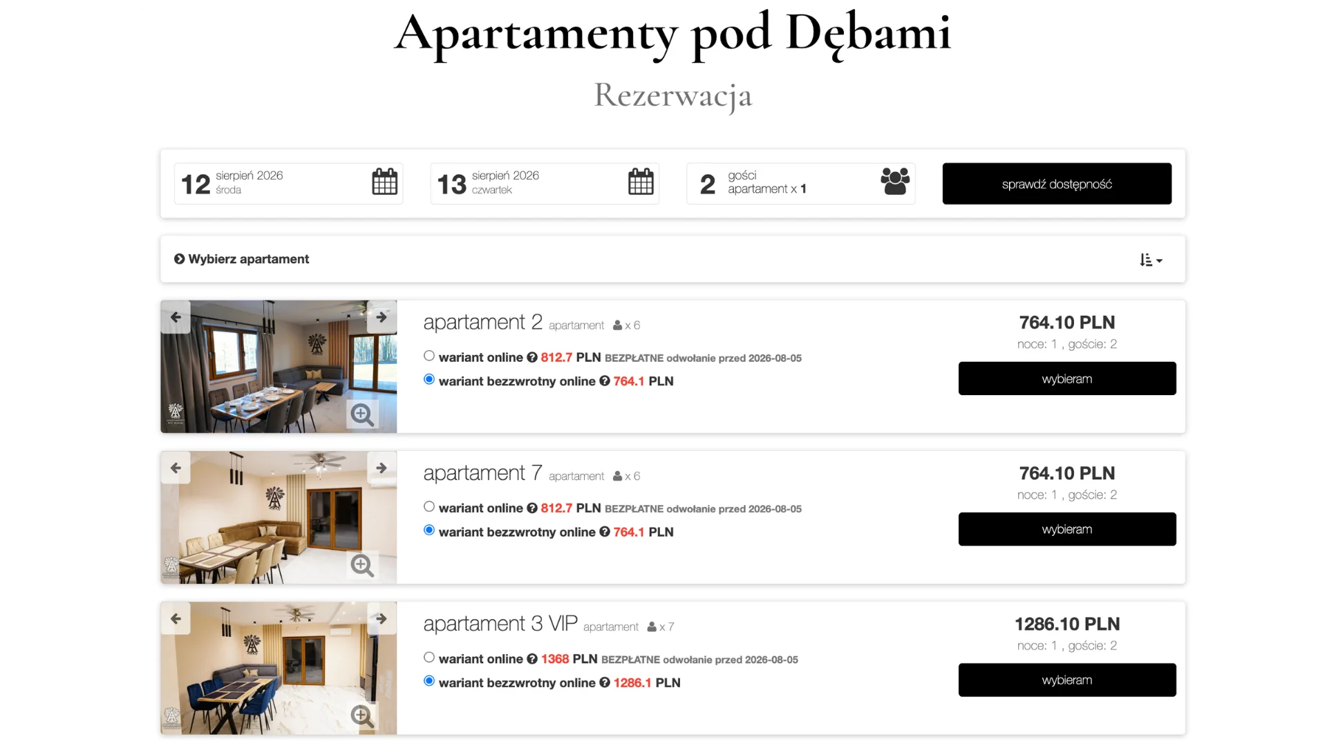 Autorski system rezerwacji Apartamentów pod Dębami