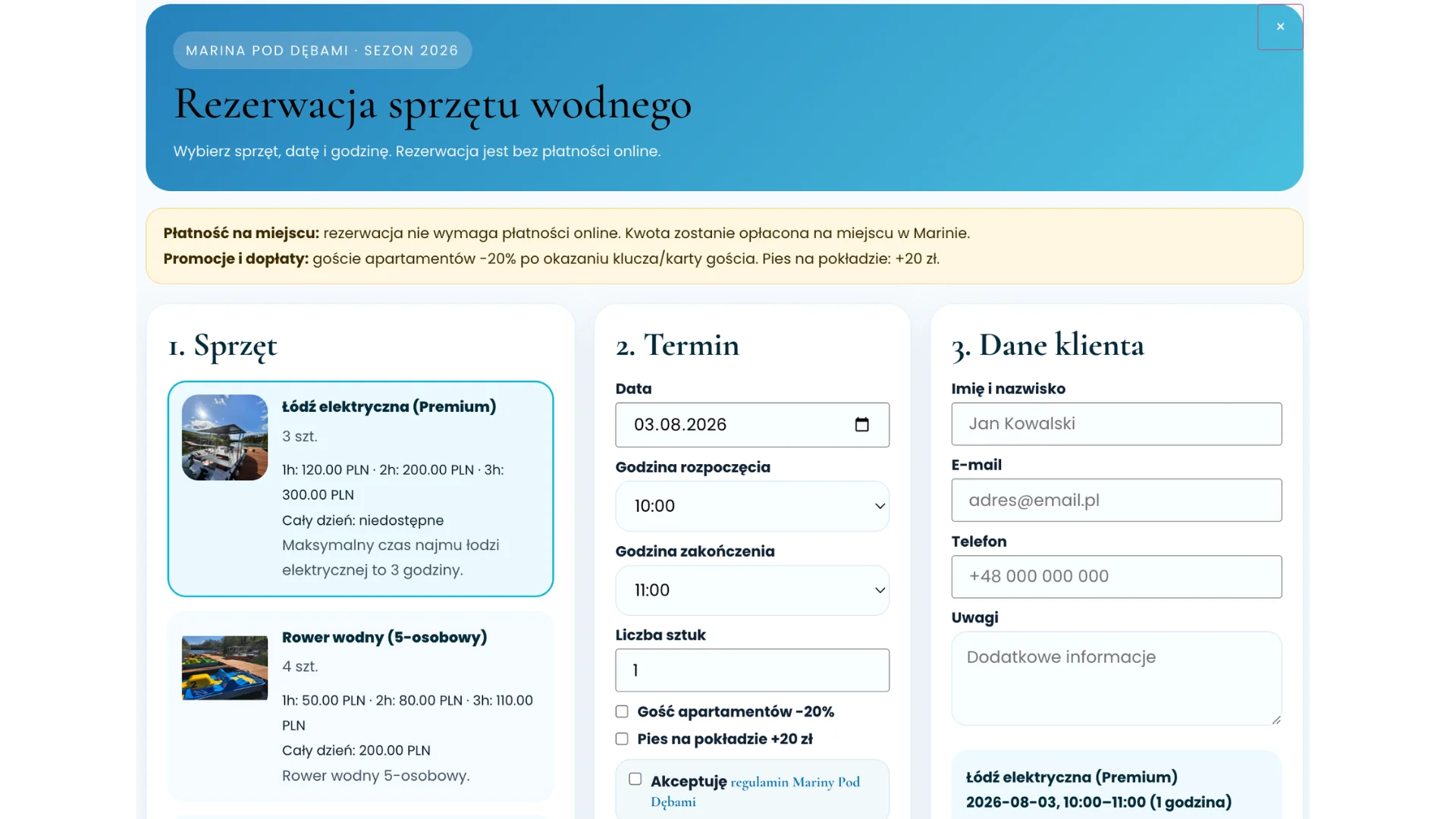 System rezerwacji sprzętu wodnego w Marinie Pod Dębami